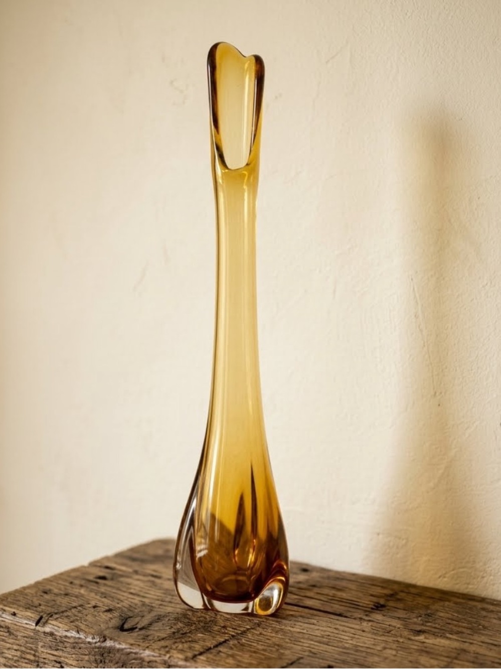Vintage Viking Glass Epic Drape Amber Swung Bud Vase 
11.5” MCM Art Glass